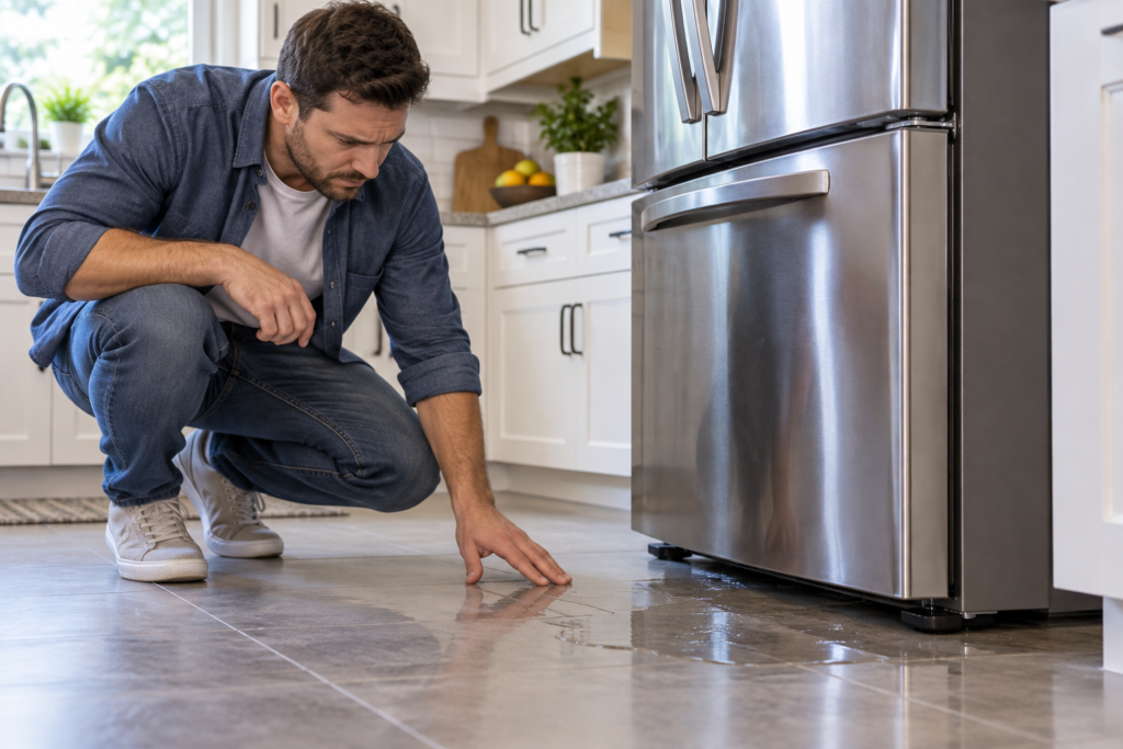 Checking why a refrigerator is leaking water onto the floor