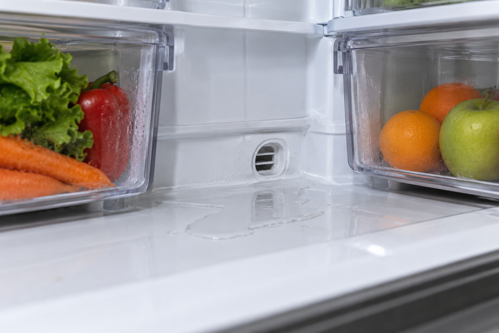 Clogged refrigerator defrost drain causing water leak
