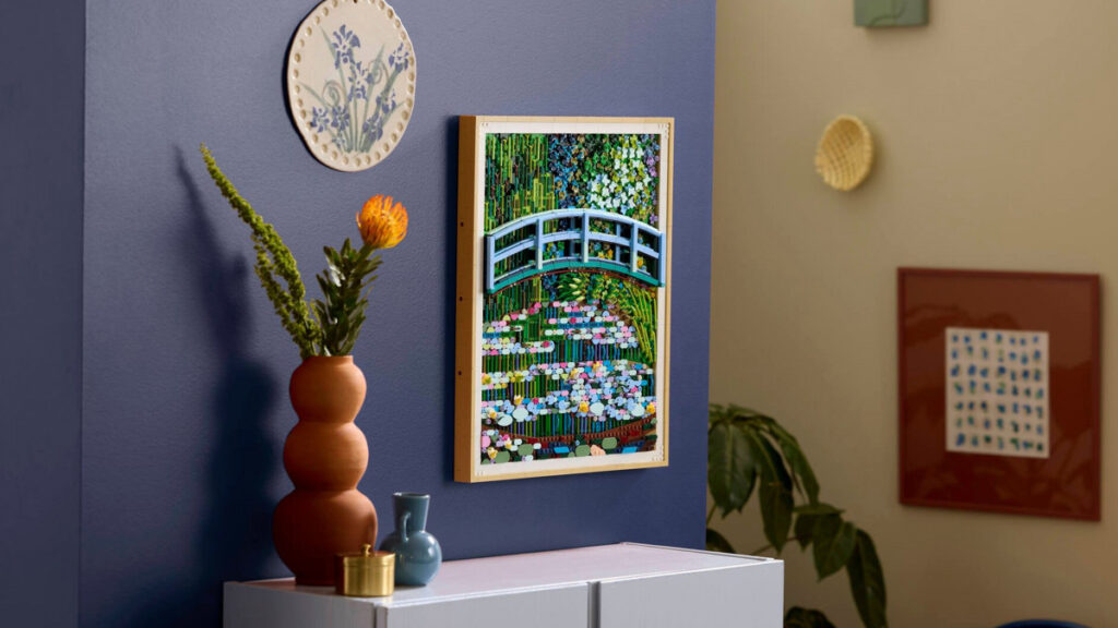 Realistic photo-style image of a LEGO Art Water Lilies set mounted on a wall, museum or living room setting, soft natural lighting, premium and artistic look, high quality, art news cover.