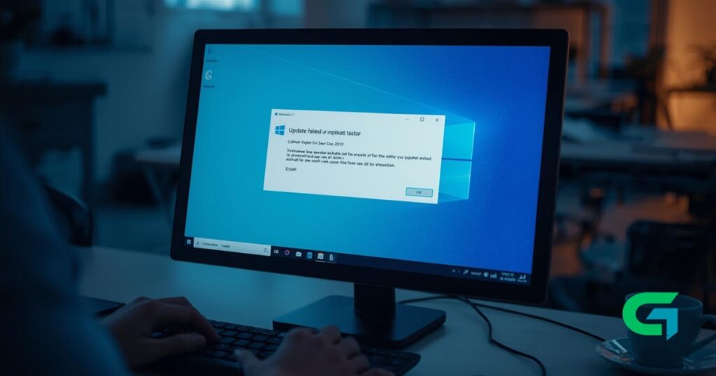 Realistic photo-style image of a Windows 11 PC screen displaying a failed update or uninstall error, user troubleshooting, modern workspace, soft lighting, high quality, support article cover.