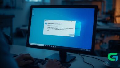 Realistic photo-style image of a Windows 11 PC screen displaying a failed update or uninstall error, user troubleshooting, modern workspace, soft lighting, high quality, support article cover.