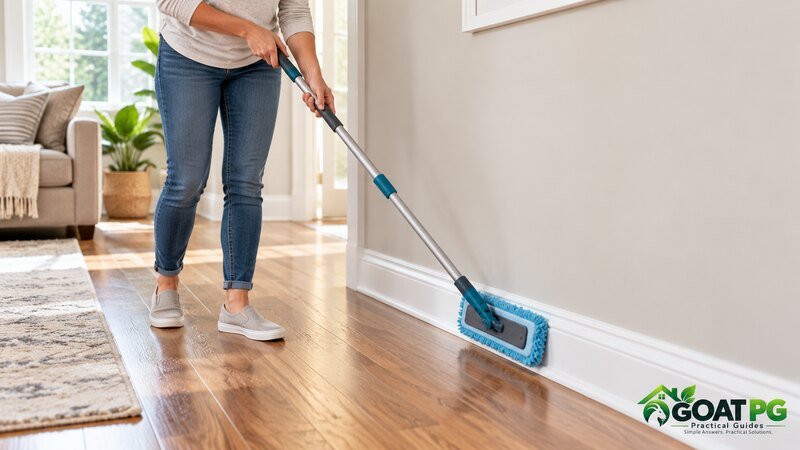 How to clean baseboards without bending over using a long-handled microfiber tool