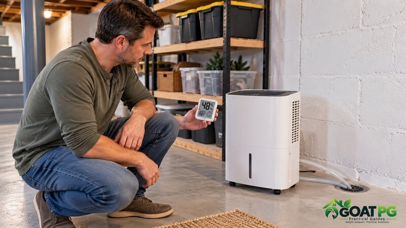 Checking basement humidity with a hygrometer and dehumidifier
