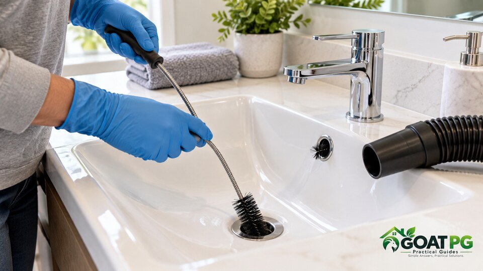 Cleaning a bathroom drain with a long stiff brush to remove drain fly breeding film
