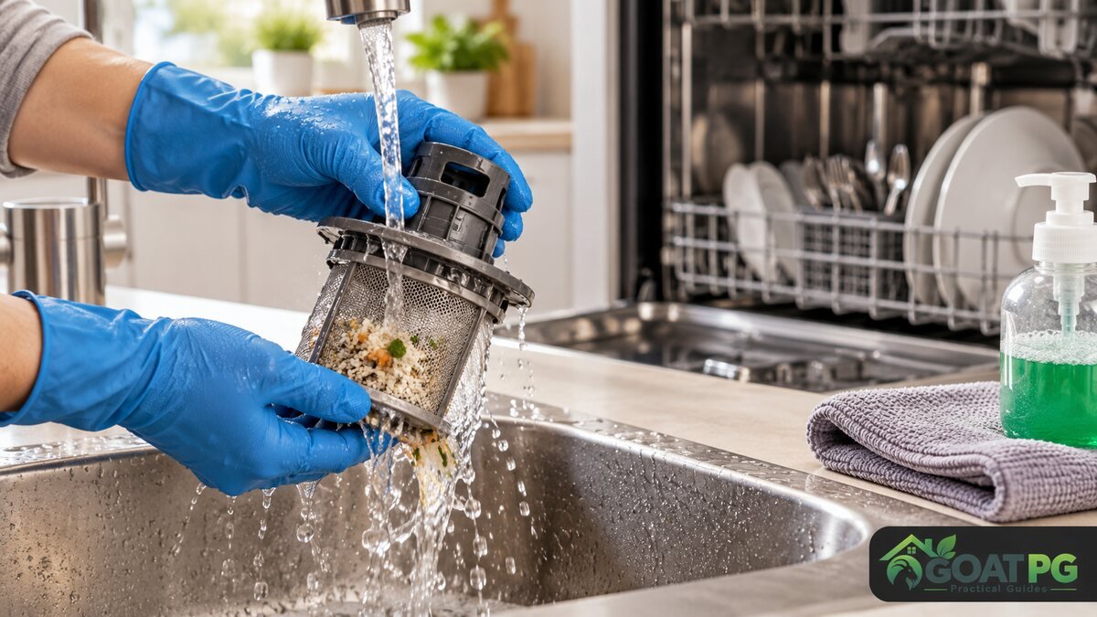 Cleaning a dishwasher filter to remove bad food odors