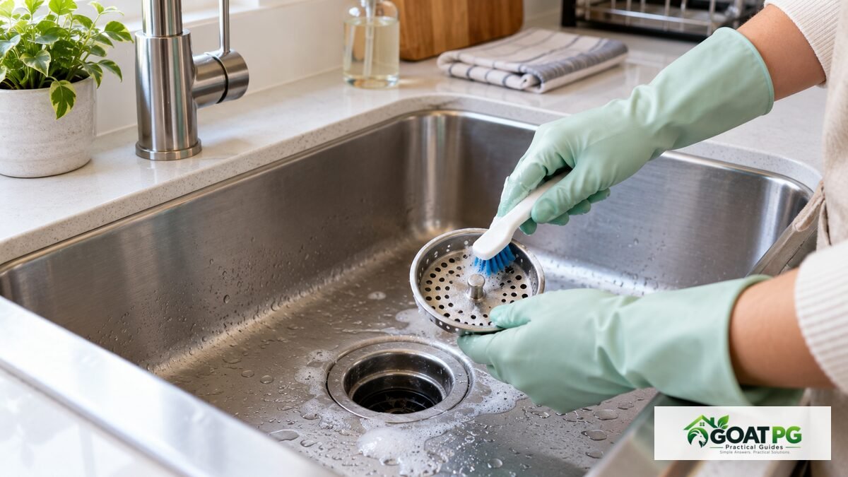 Cleaning a kitchen drain to remove fruit fly breeding residue