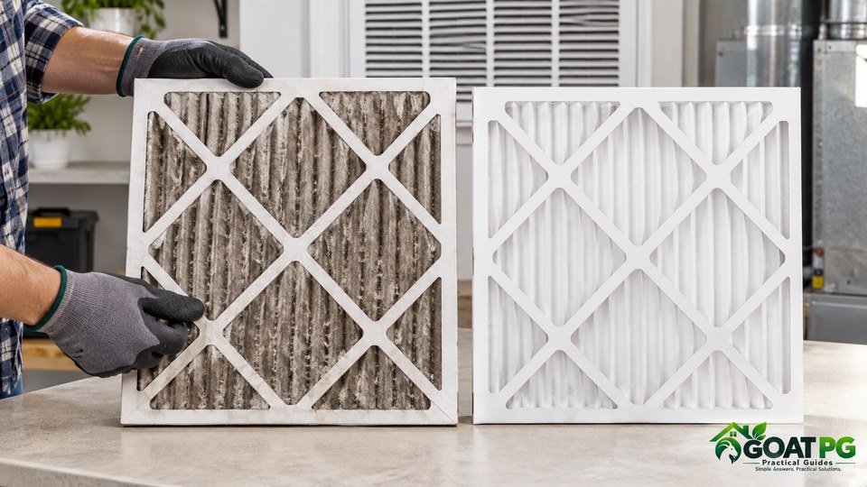 Dirty HVAC air filter compared with a clean replacement filter