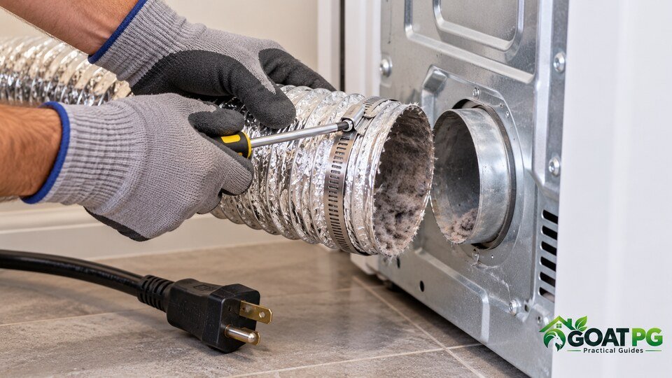 How to clean a dryer vent safely by disconnecting the metal duct from an unplugged dryer