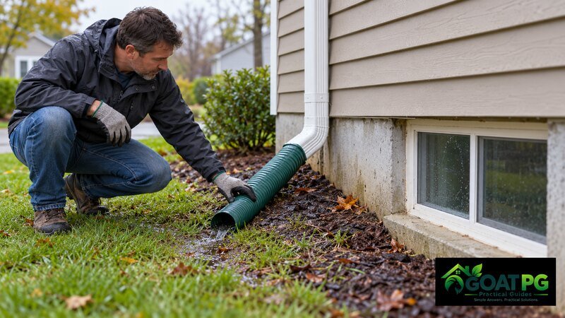 Inspecting downspout drainage to prevent a musty basement smell