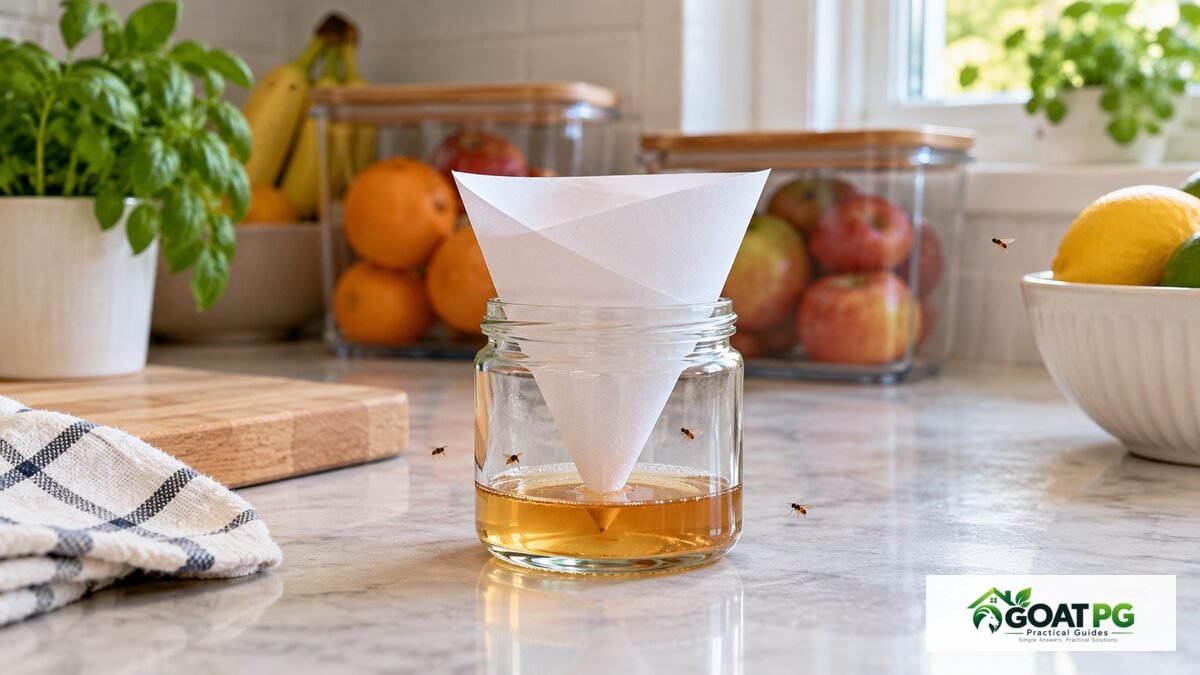 Homemade fruit fly trap with apple cider vinegar and a paper funnel