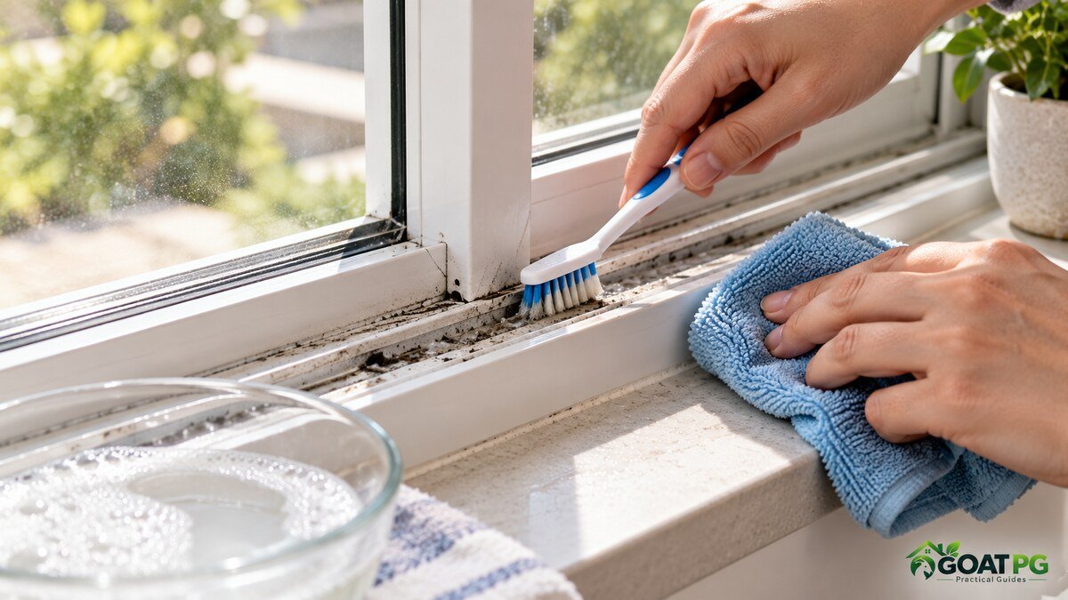 How to clean window tracks with a soft brush, mild soapy water, and microfiber cloth