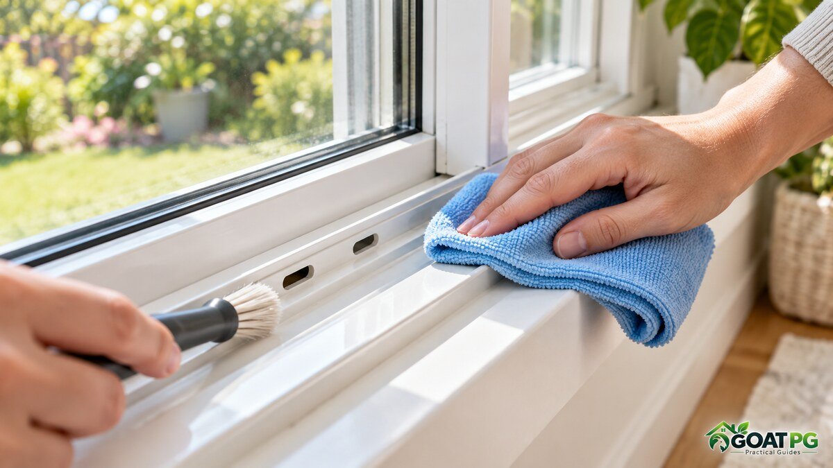 Clean window track being dried while drainage weep holes remain clear