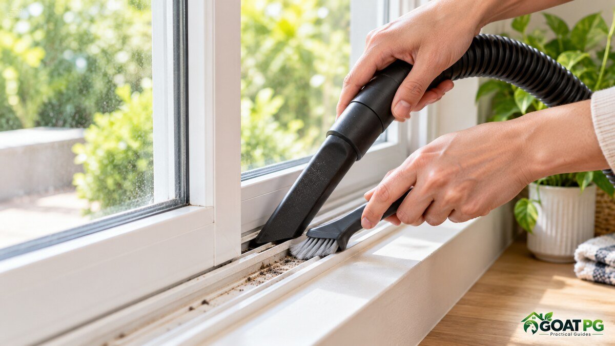 How to clean window tracks by vacuuming loose dust with a crevice tool and soft brush