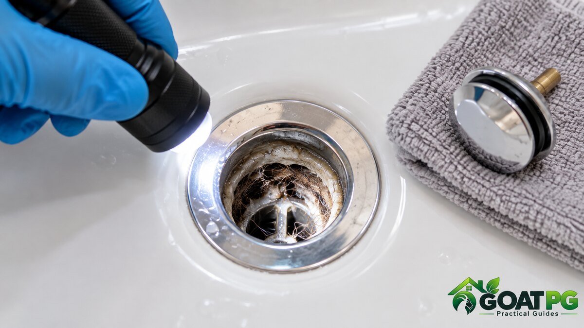 Inspecting a bathtub drain after safely removing the stopper