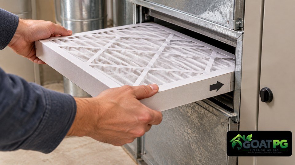 Installing an HVAC air filter with the airflow arrow pointing toward the blower