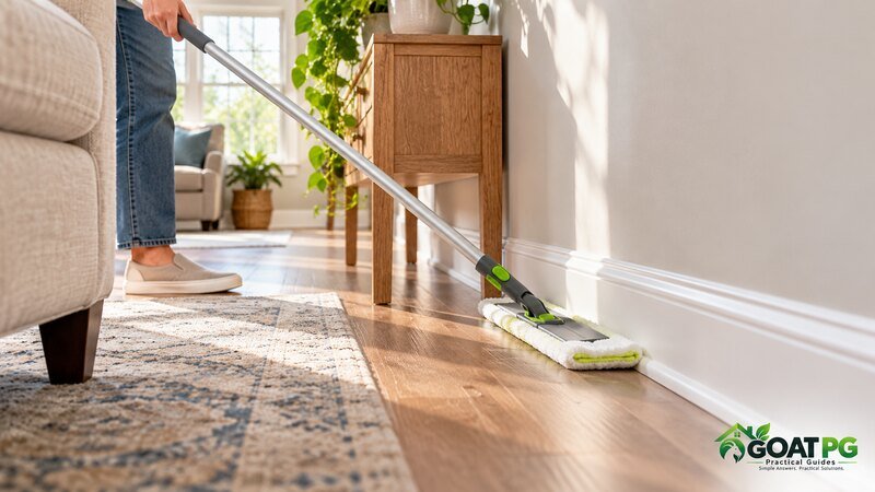 Long-handled flat microfiber mop cleaning baseboards behind furniture