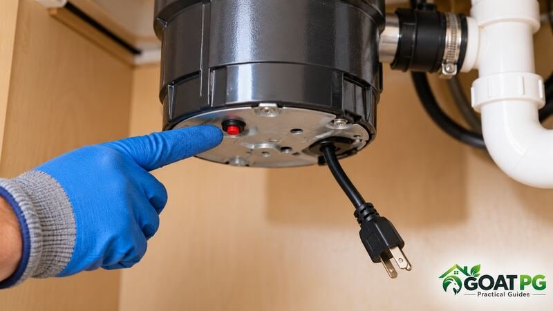 Unplugged garbage disposal with red reset button located safely
