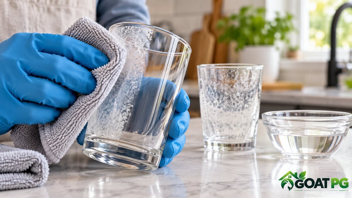 Testing and wiping white dishwasher residue from a drinking glass