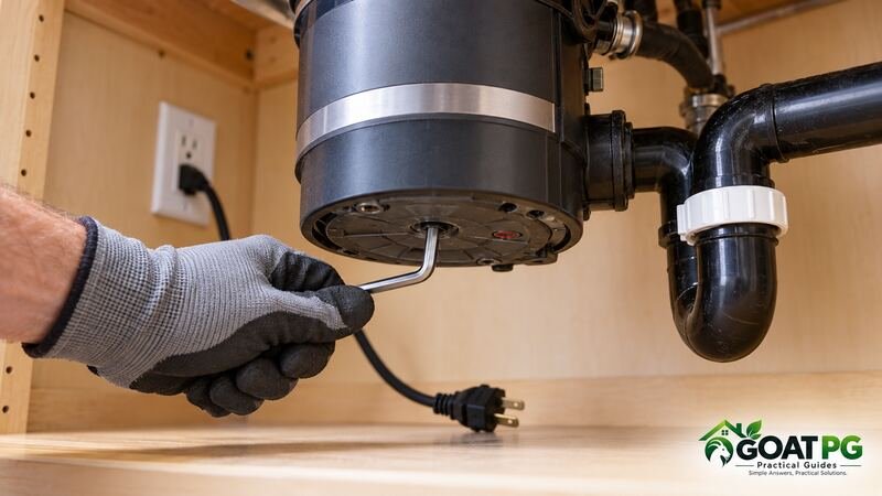 Using a hex wrench to safely unjam a powered-off garbage disposal