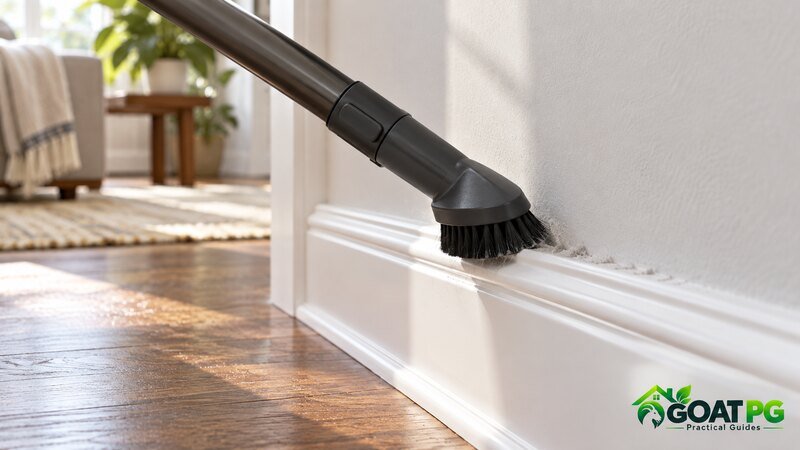 Vacuuming baseboard grooves with an extension wand and soft brush