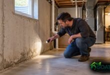 Why does my basement smell musty - homeowner inspecting a damp foundation wall