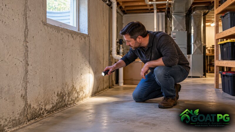 Homeowner investigating why does my basement smell musty near a foundation wall