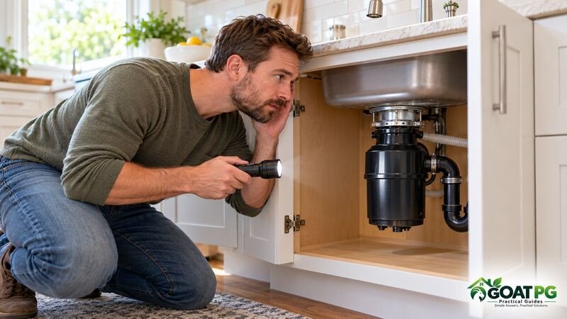 Homeowner investigating why is my garbage disposal humming under a kitchen sink
