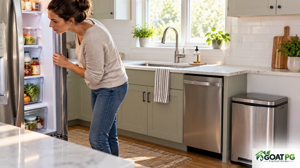 Checking refrigerator sink and trash for fishy odor sources