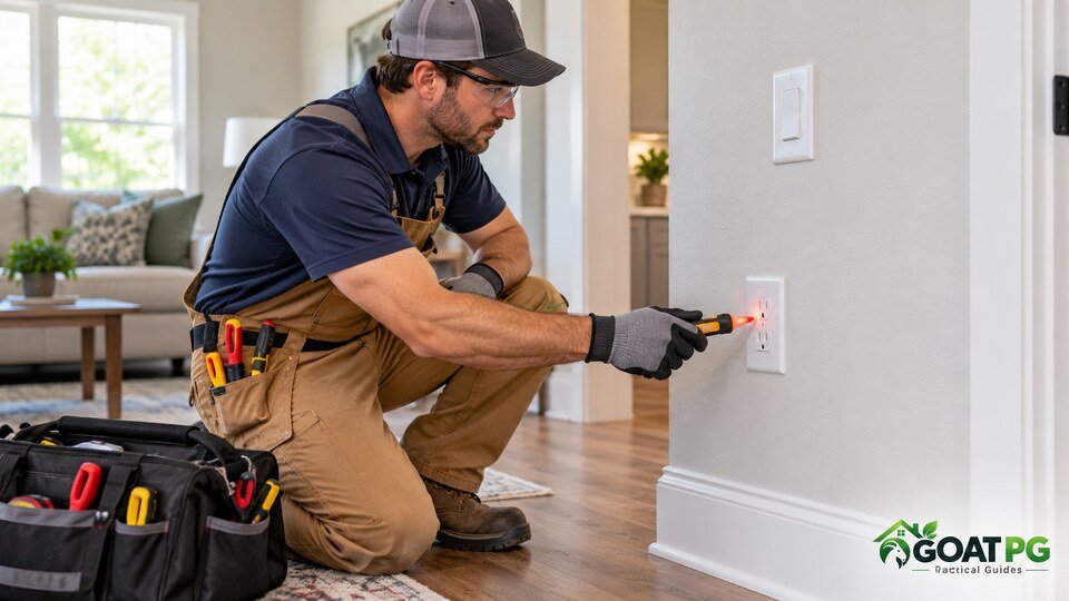 Electrician investigating why a house smells like fish near an outlet