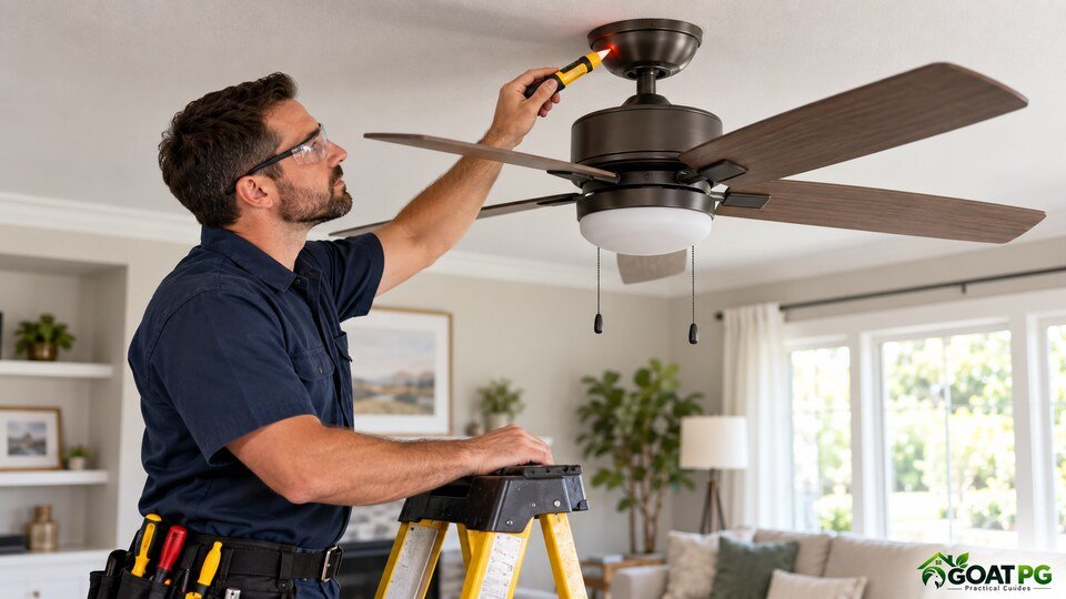 Electrician inspecting a noisy ceiling fan safely