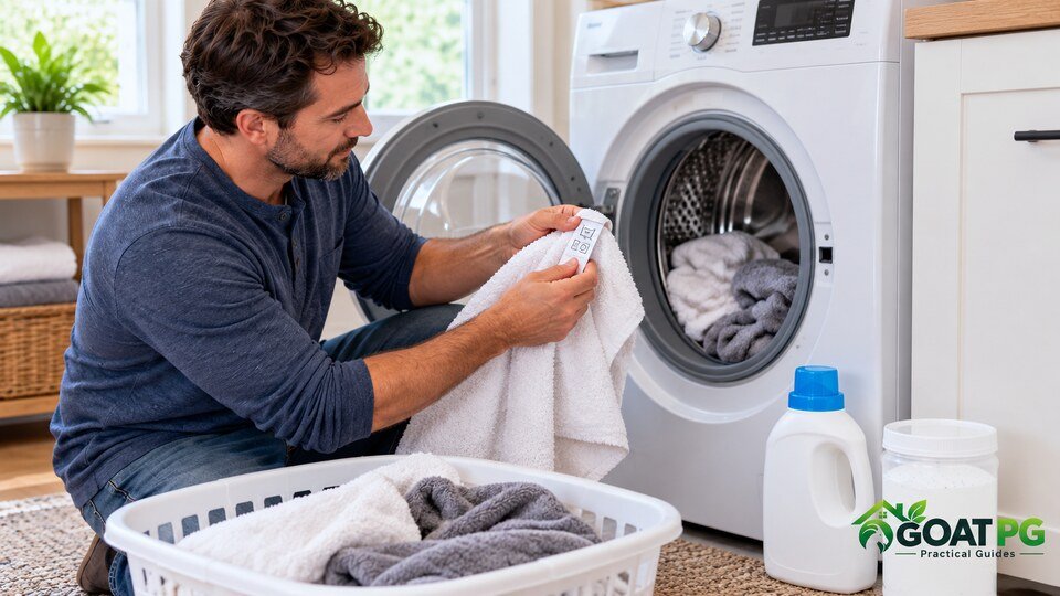 Checking a towel care label before rewashing musty towels safely